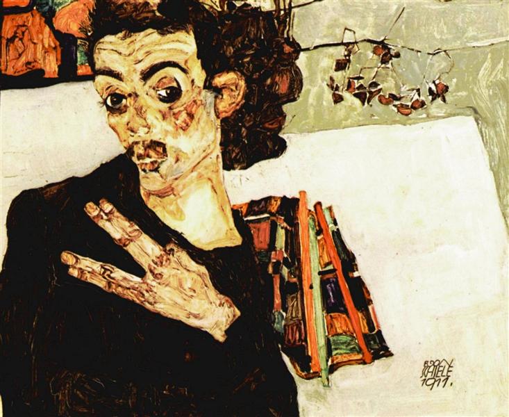 Self-Portrait with Black Vase and Spread Fingers by Egon Schiele